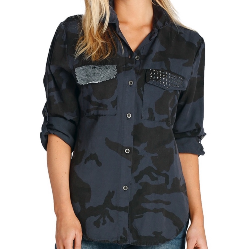 Elan blue camo button down top with sequin pocket
